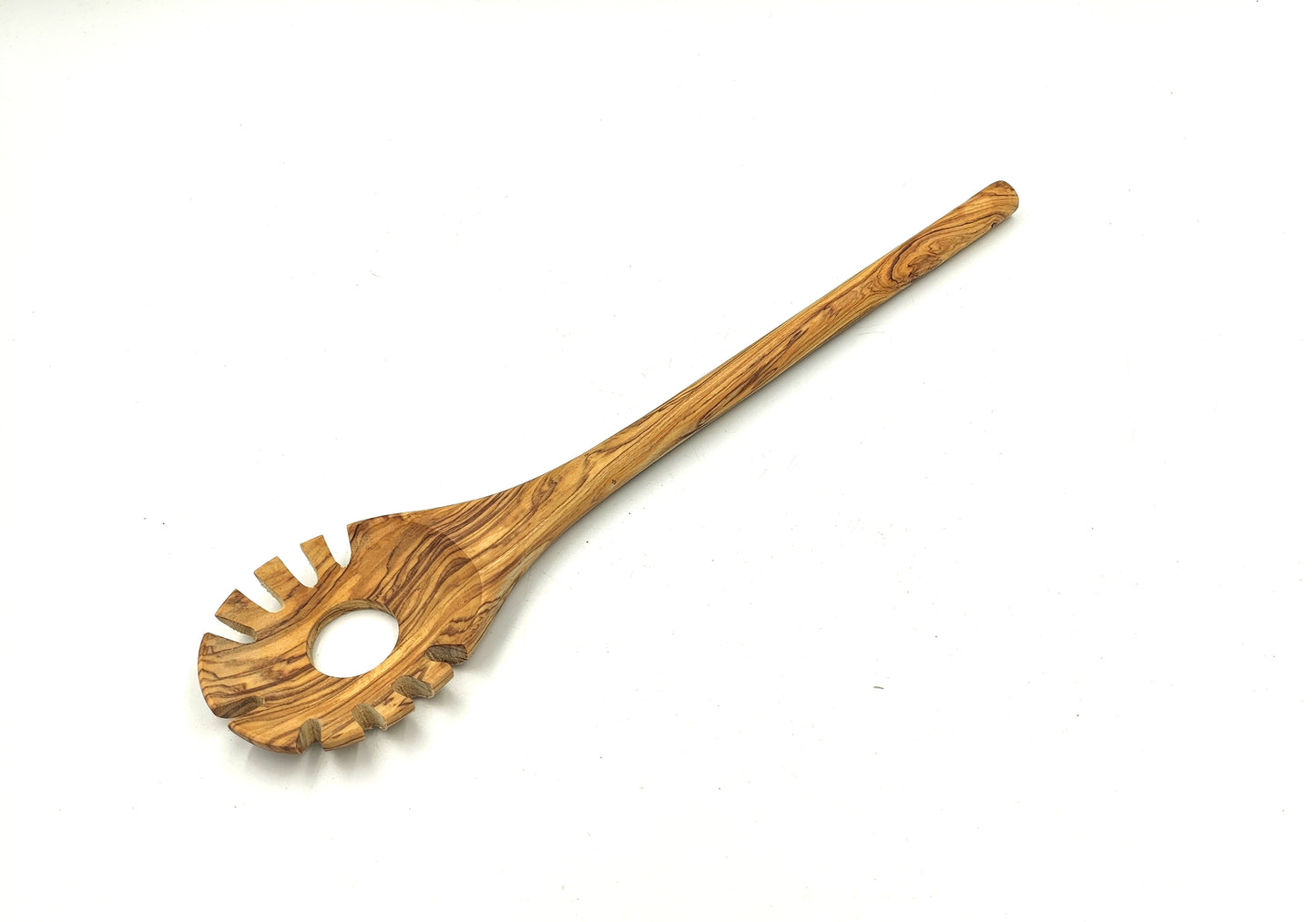 Olive wood pasta and noodle scoop, round handle, hook spaghetti spoon, pasta twirling fork