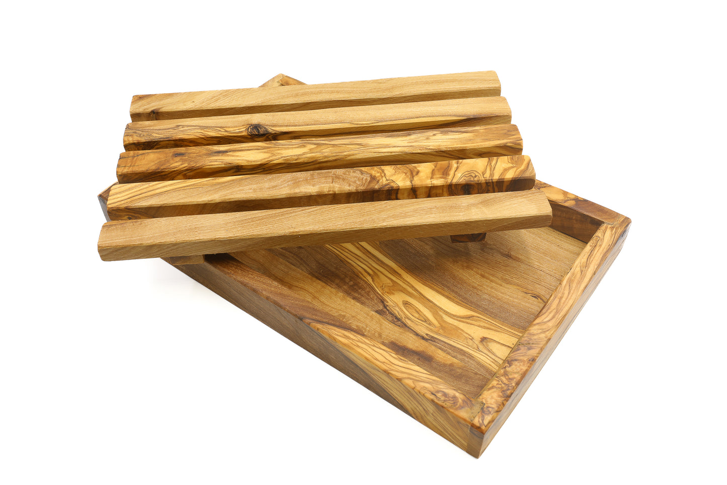 Handcrafted olive wood rectangular bread cutting board featuring a crumb catcher