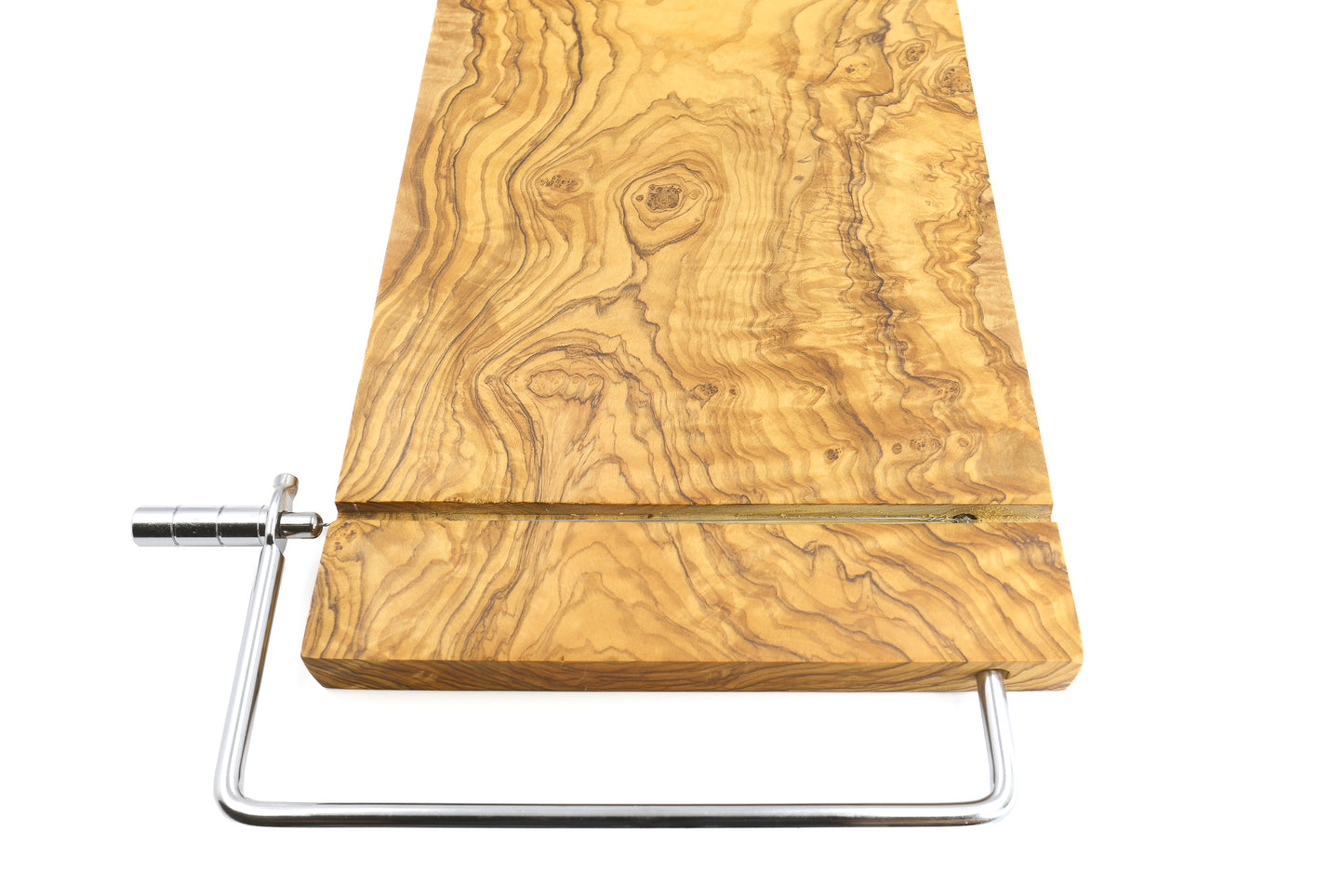 A sophisticated cheese slicer and girolle swiss ensemble made from olive wood