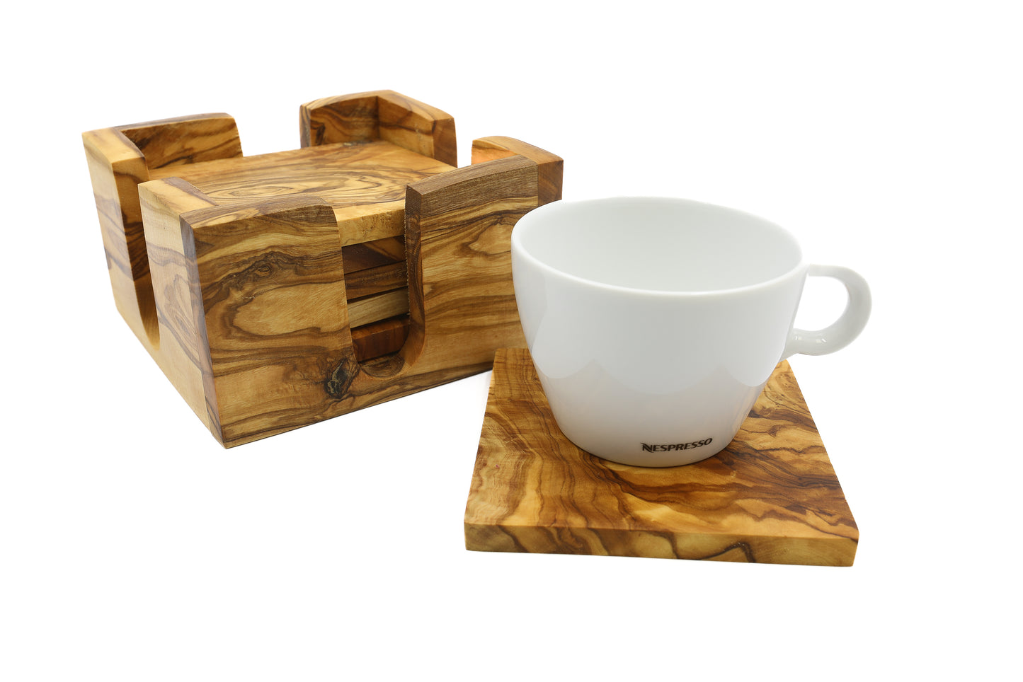 Handcrafted olive wood coaster and trivet set