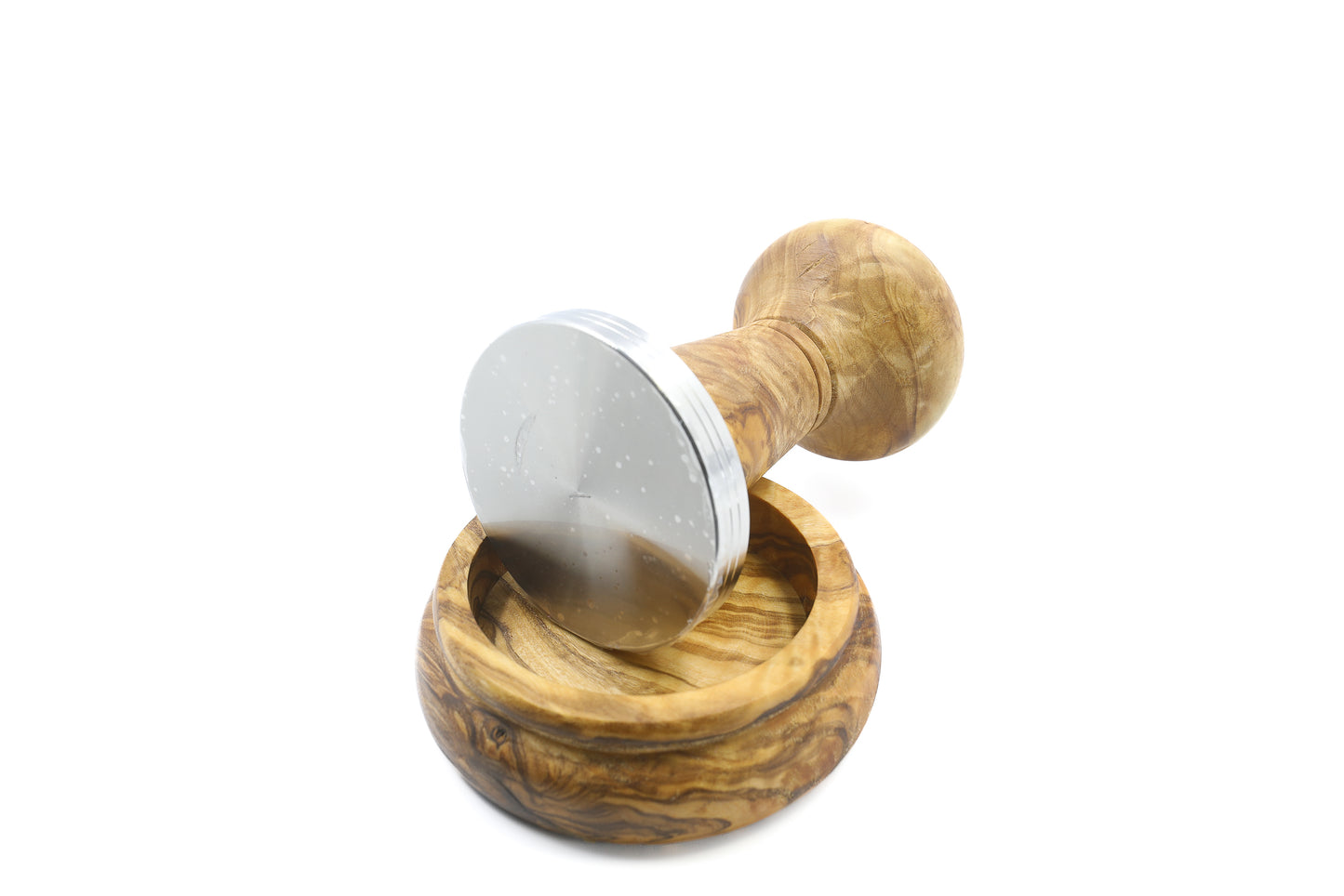Olive wood and stainless steel coffee tamper with a holder, a beautiful addition to your coffee setup