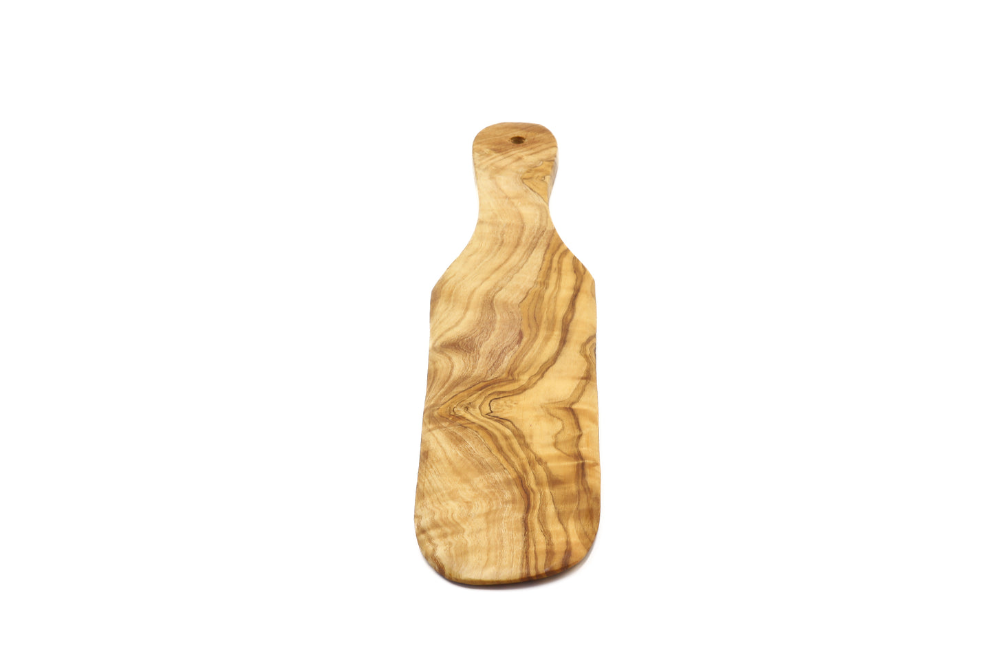 Rustic olive wood pancake flipper with a long, plain handle
