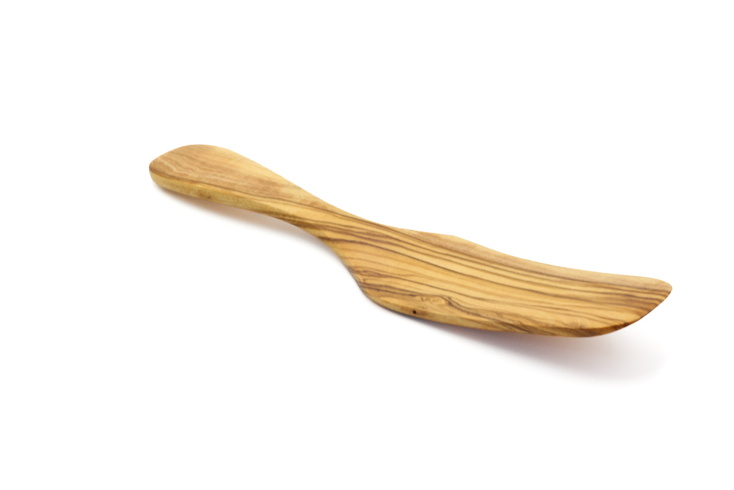 Olive wood pan flipper with a beautifully curved handle