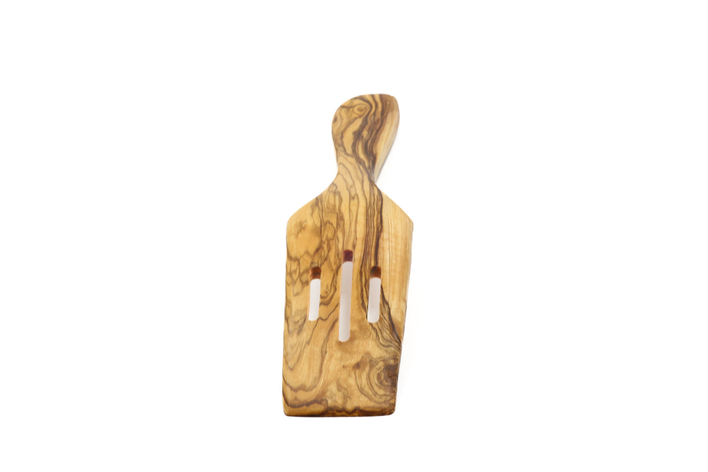 Rustic olive wood pan flipper with a curved handle