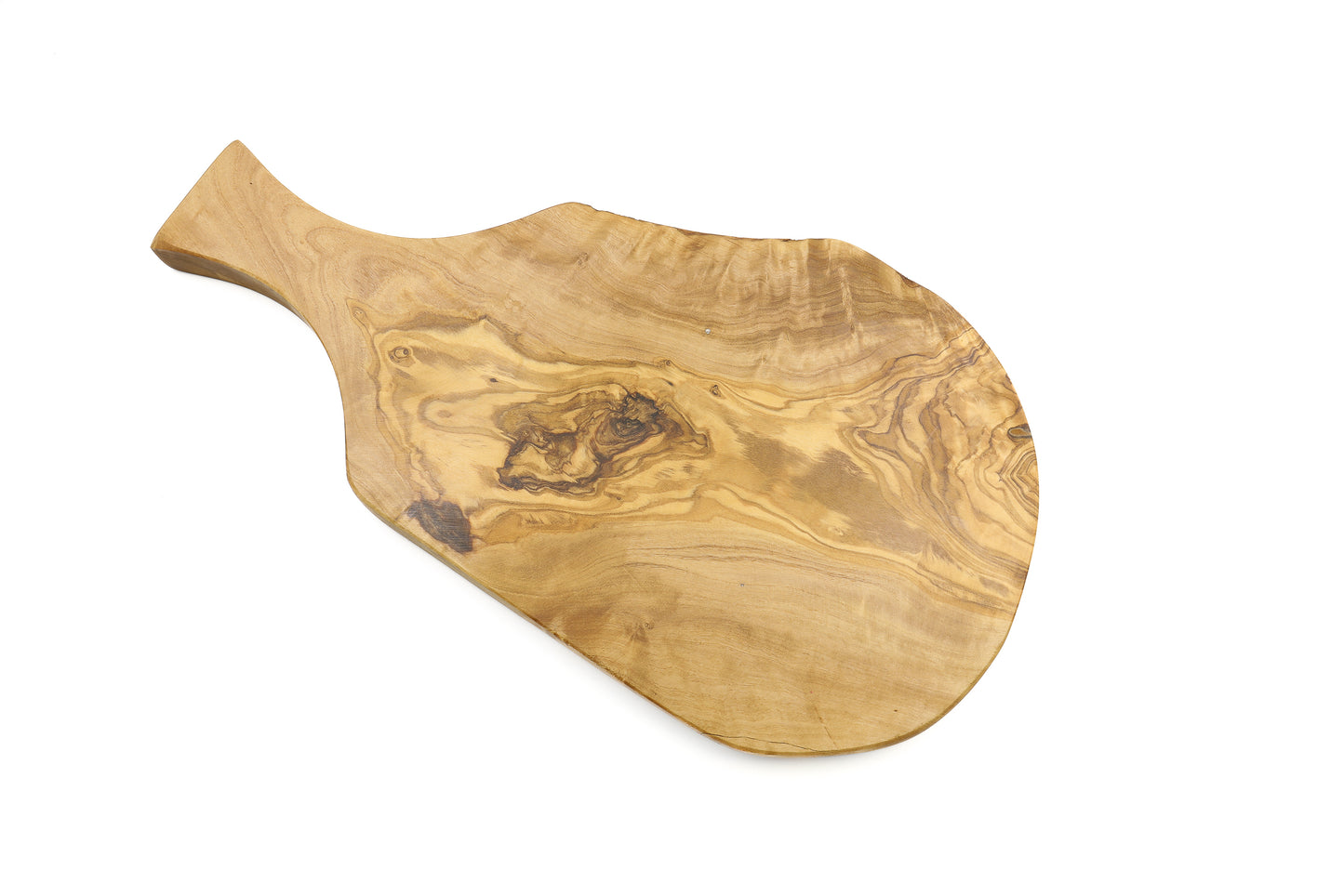 Artisan-made wooden cutting board in beautiful olive wood with a unique beef thigh design and a handle