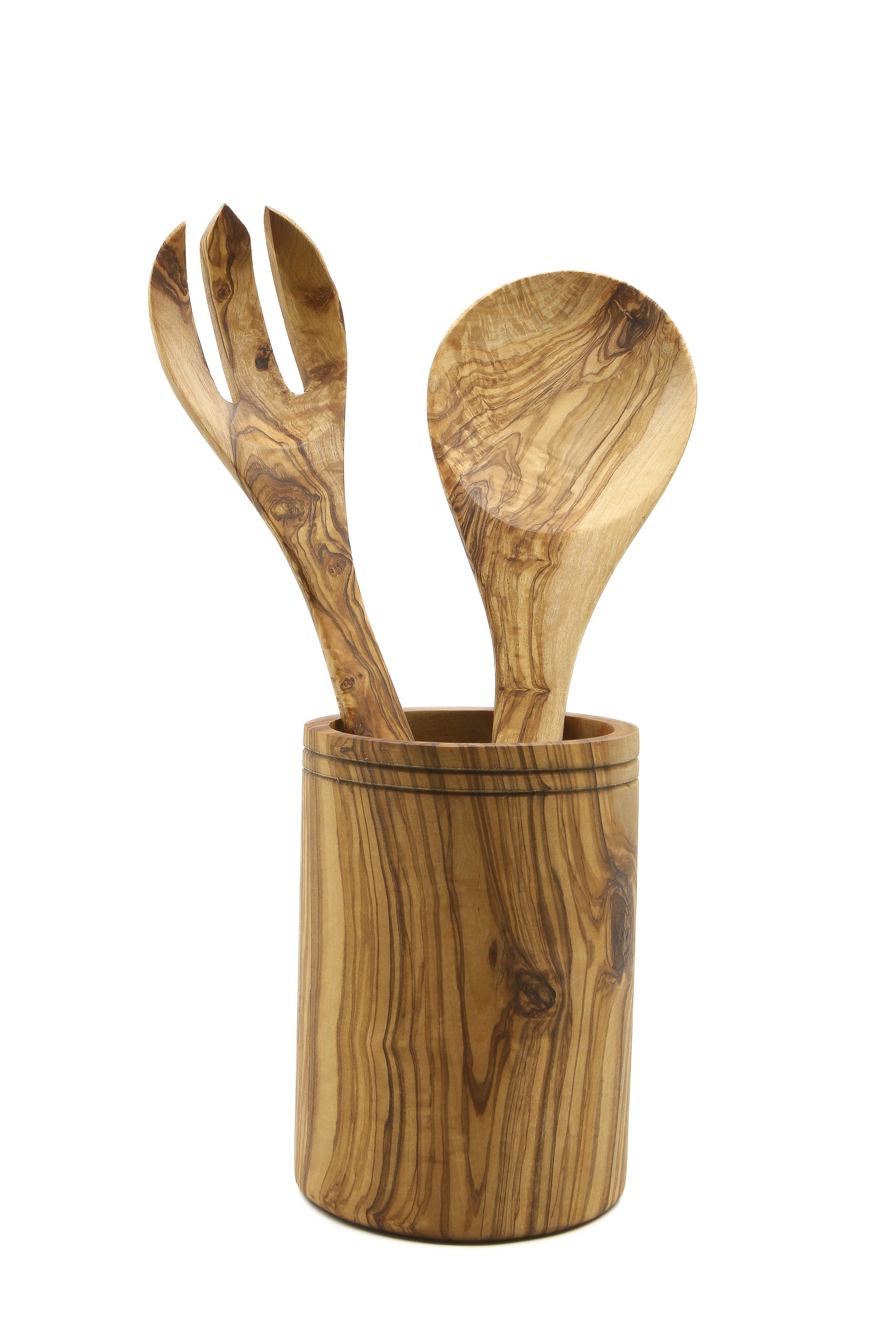 Handcrafted olive wood kitchenware utensils set with spoon, forks, strainer, ladle, and utensil holder