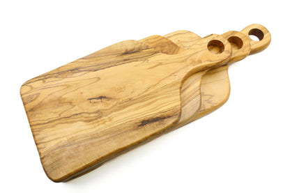 Rustic olive wood paddle-shaped cutting board with a sturdy handle