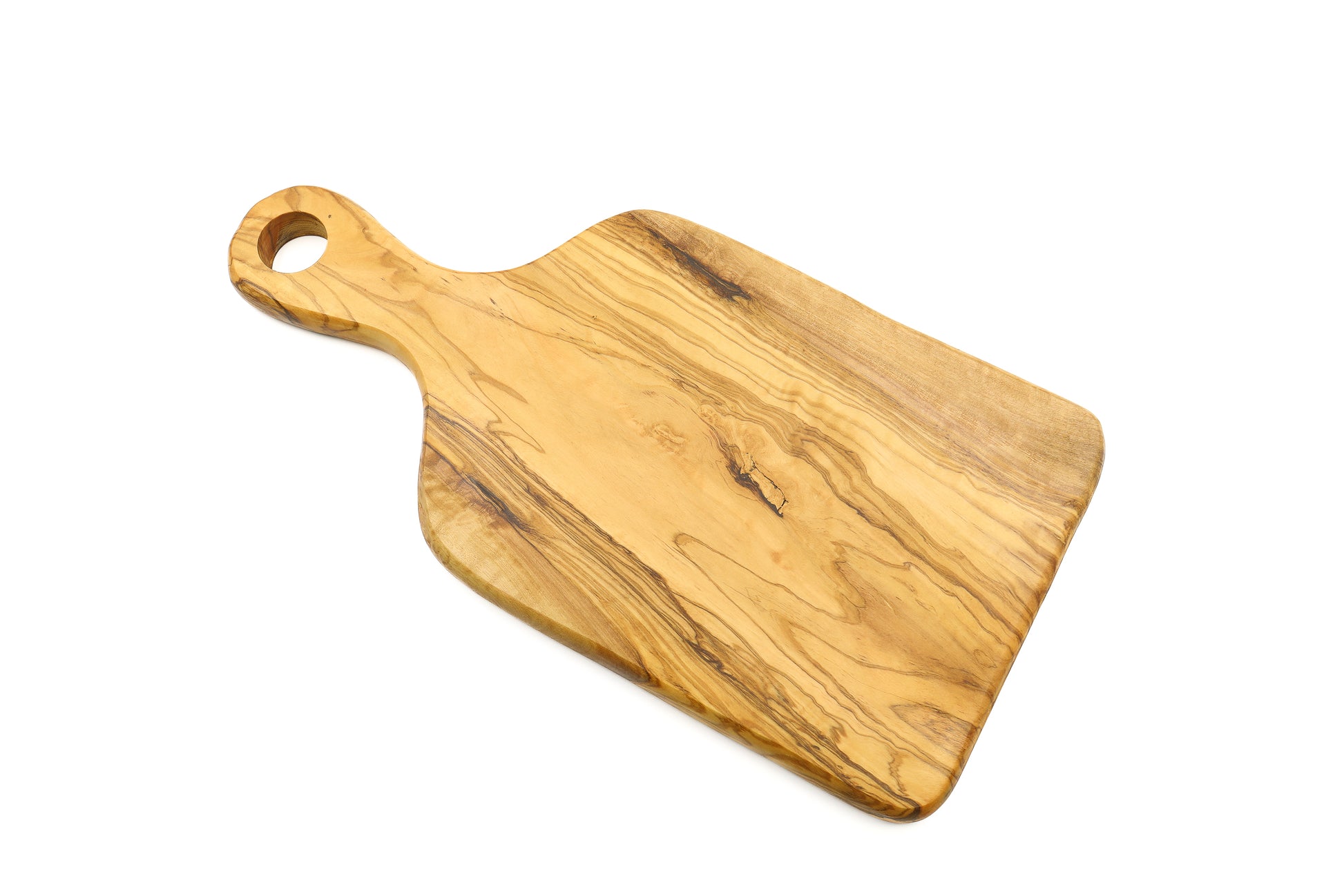 Artisan-made cutting board in beautiful olive wood, with a handle