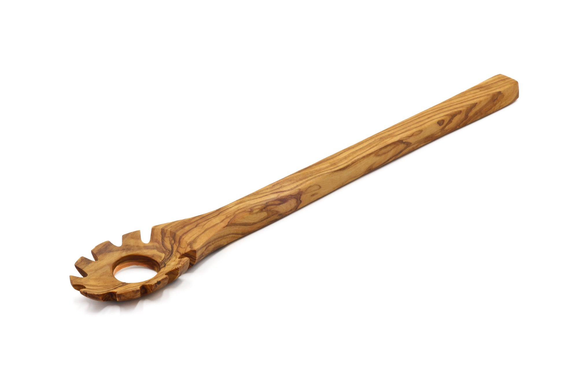 Artisan-made hook spaghetti spoon in beautiful olive wood