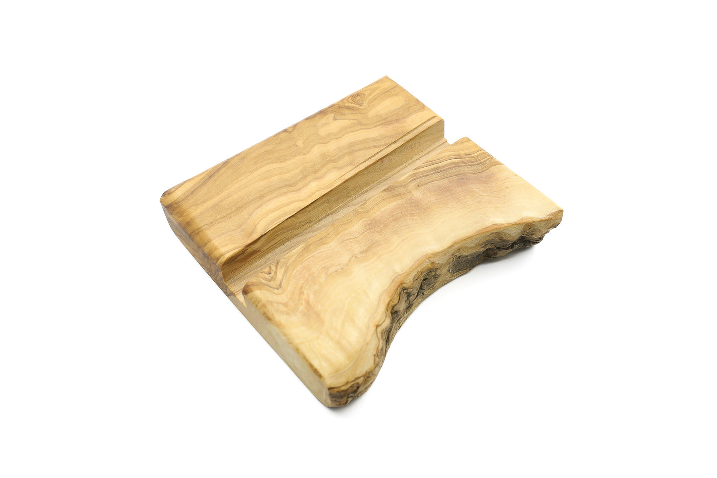 Handcrafted olive wood mobile phone stand for easy viewing