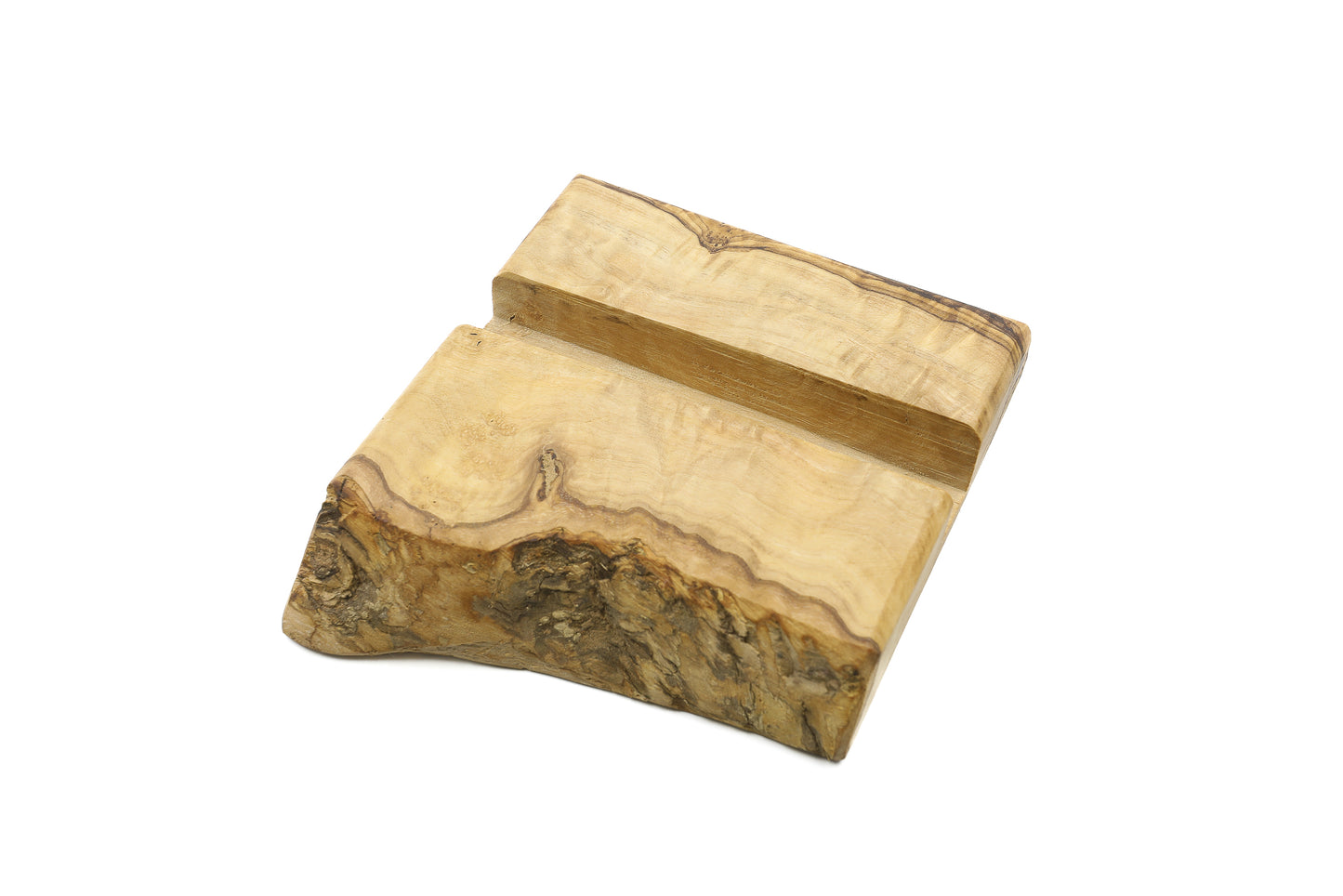 Olive wood phone holder with a rustic charm and practicality