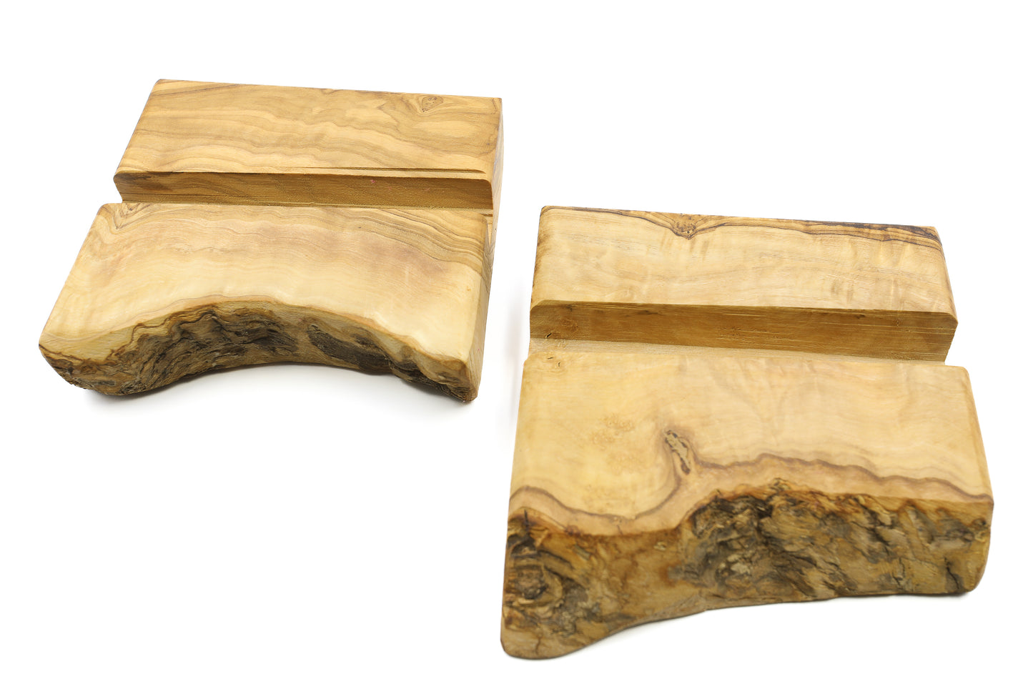 Olive wood mobile phone holder with a rustic and natural appeal