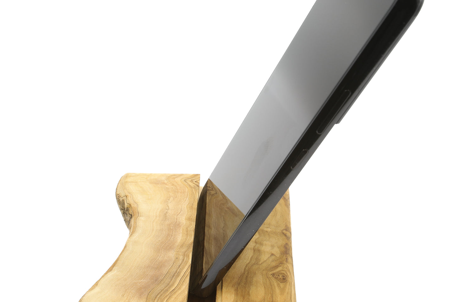 Olive wood mobile phone stand, perfect for hands-free use