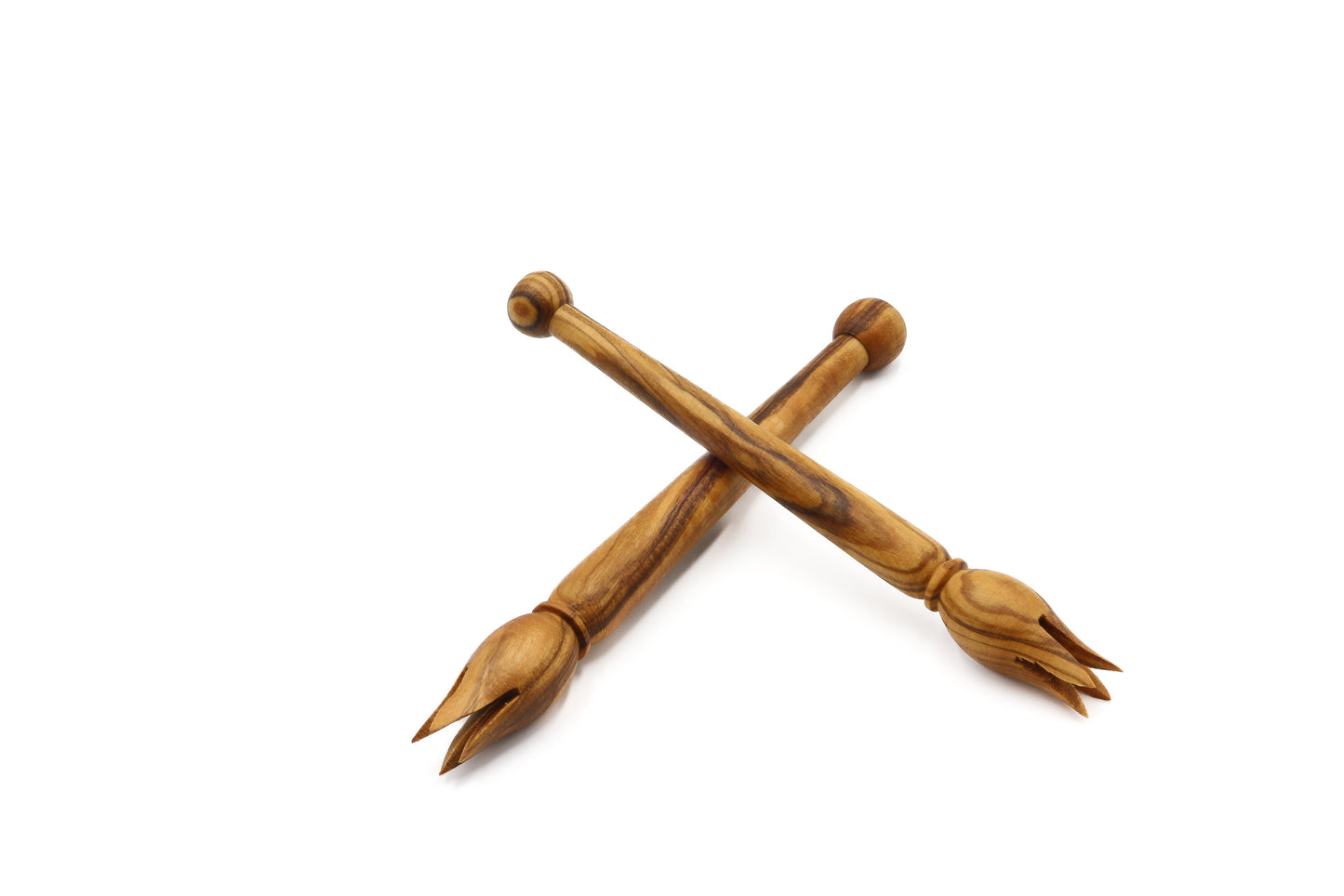 Artisan-made olive wood utensils for picking olives, stirring cocktails, and serving pickles