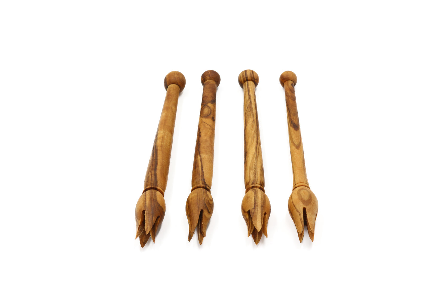 Olive wood utensil set, including a pick olive fork, cocktail fork, and pickle fork