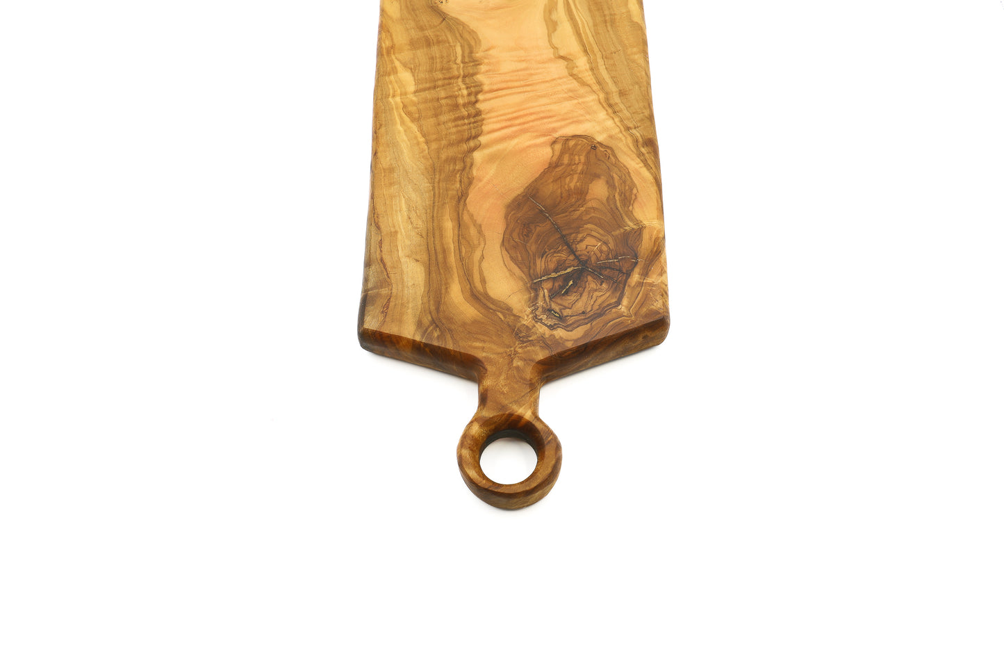 Rectangular olive wood cutting board designed with a ringed handle