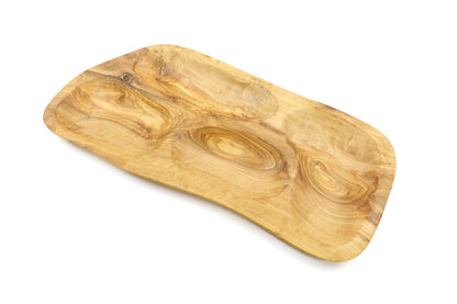 Natural olive wood appetizer tray with an irregular shape and sectional divisions