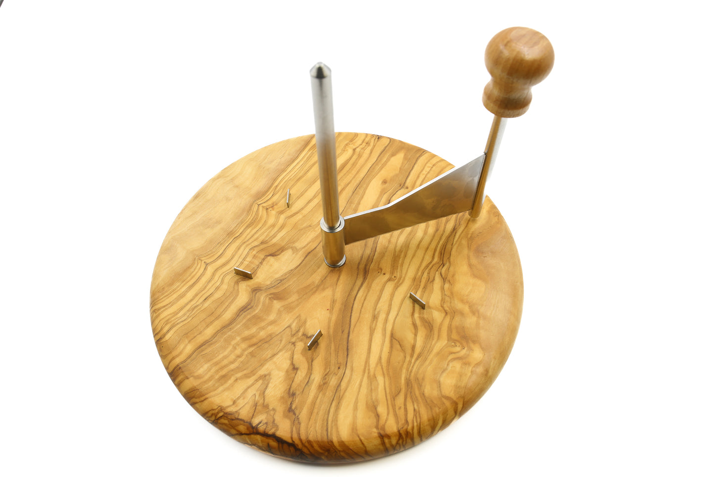 Elegant cheese presentation with an olive wood cheese board, stainless steel platter, and cheese shaver