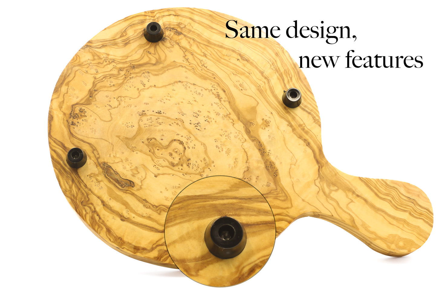 Artisan-made wooden cheese board in beautiful olive wood with a stainless steel platter and cheese shaver