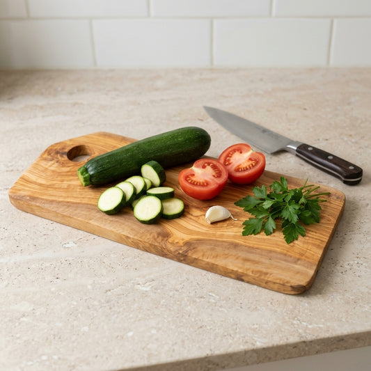 Bevelled olive wood cutting board on a kitchen worktop with sliced courgette, tomatoes and a chef's knife