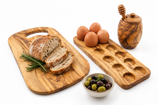 Breakfast gift set: olive wood board, honey jar and egg stand