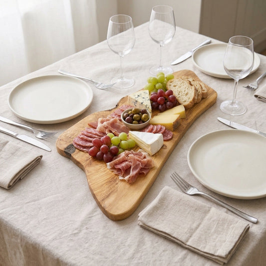 Extra-large olive wood slab board as a buffet with charcuterie, cheese, grapes and bread on a laid table
