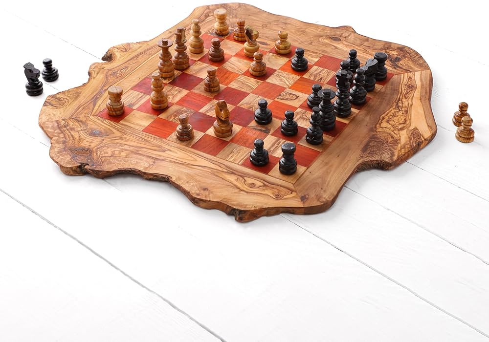 Jeu d'échecs en bois d'olivier naturel (échiquier et pièces)