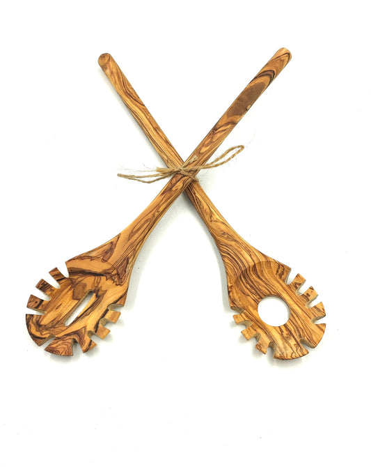 Olive wood pasta and noodle scoop, round handle, hook spaghetti spoon, pasta twirling fork
