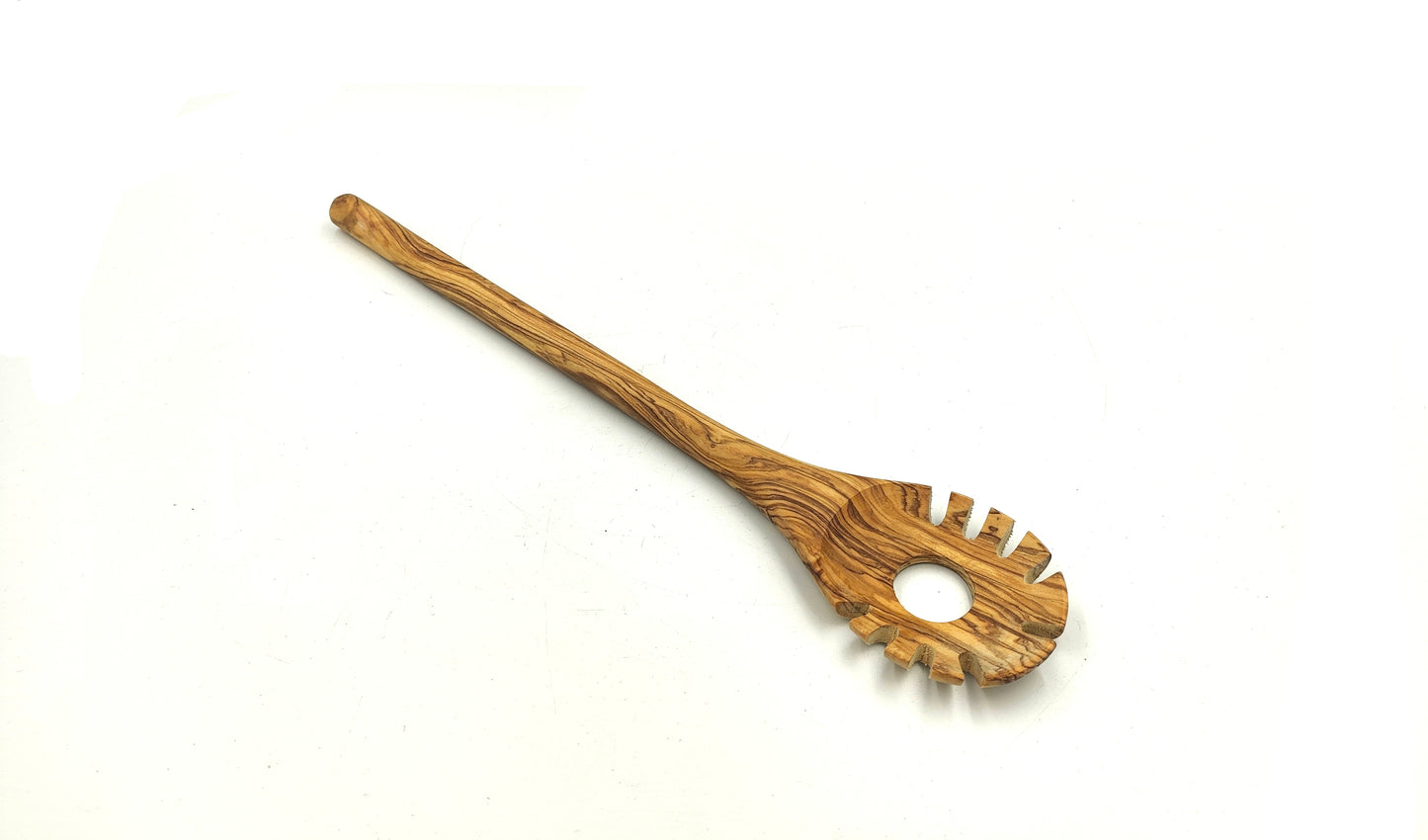 Olive wood pasta and noodle scoop, round handle, hook spaghetti spoon, pasta twirling fork