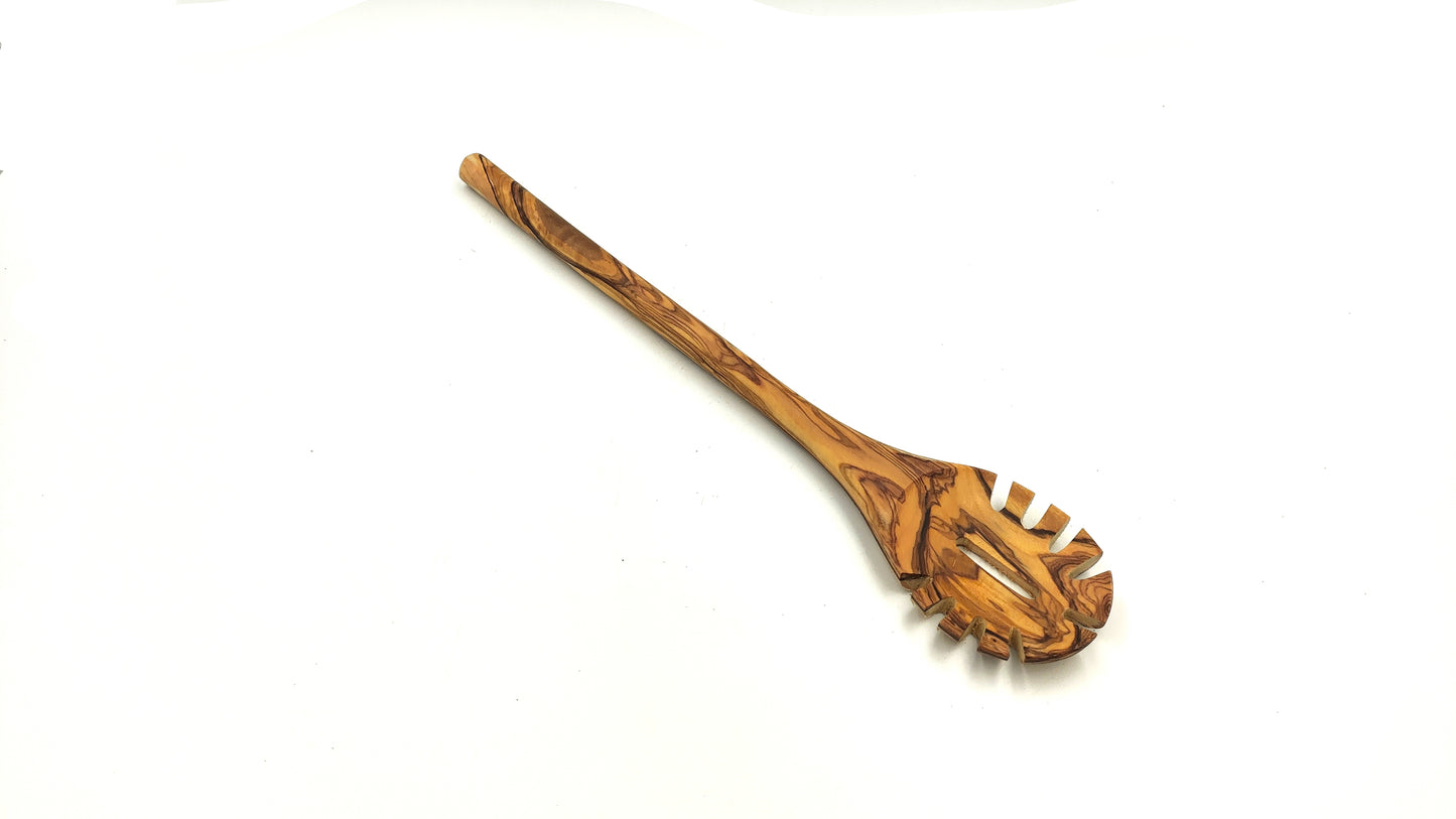 Olive wood pasta and noodle scoop, round handle, hook spaghetti spoon, pasta twirling fork