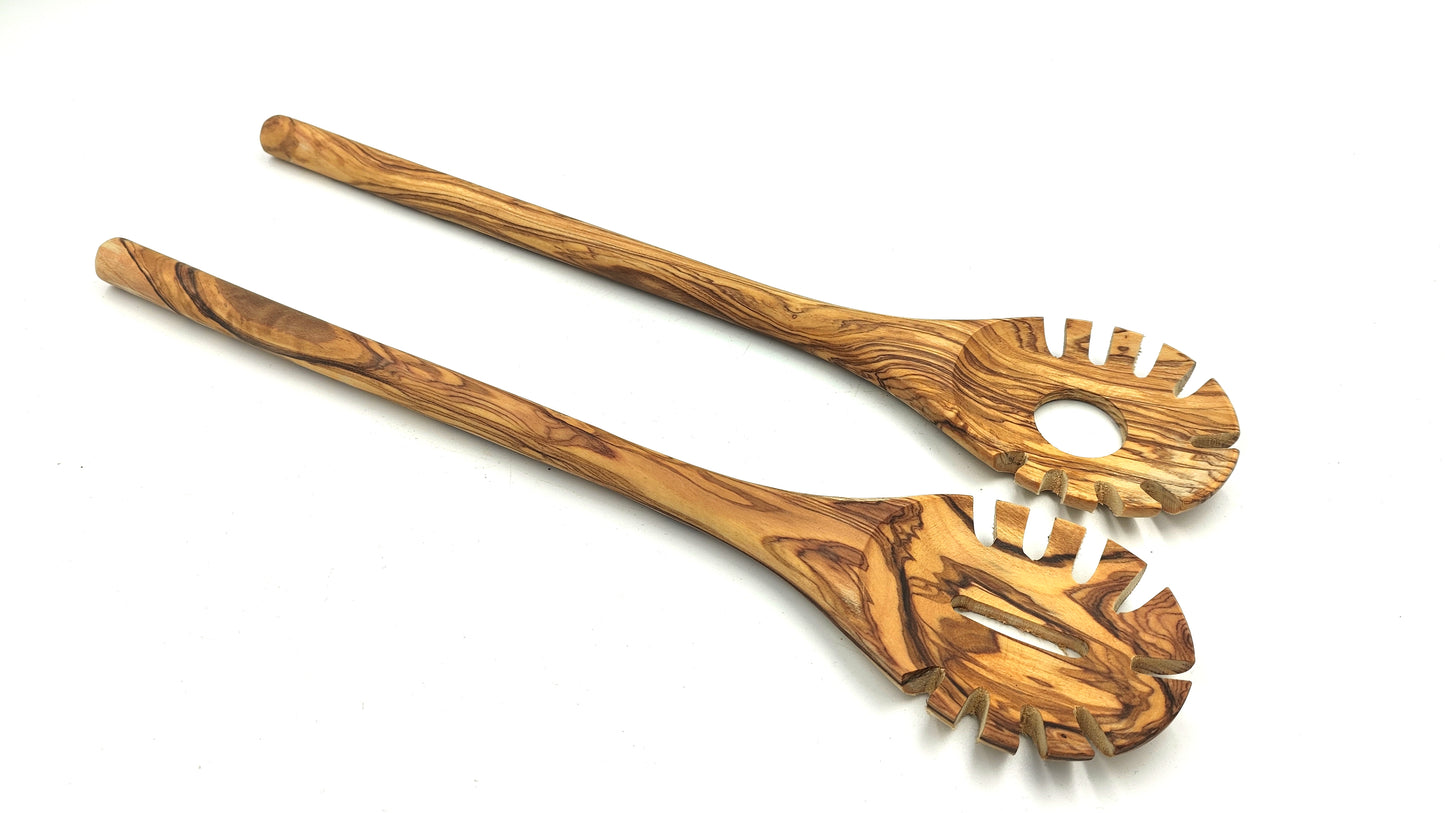 Olive wood pasta and noodle scoop, round handle, hook spaghetti spoon, pasta twirling fork