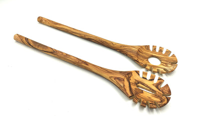 Olive wood pasta and noodle scoop, round handle, hook spaghetti spoon, pasta twirling fork