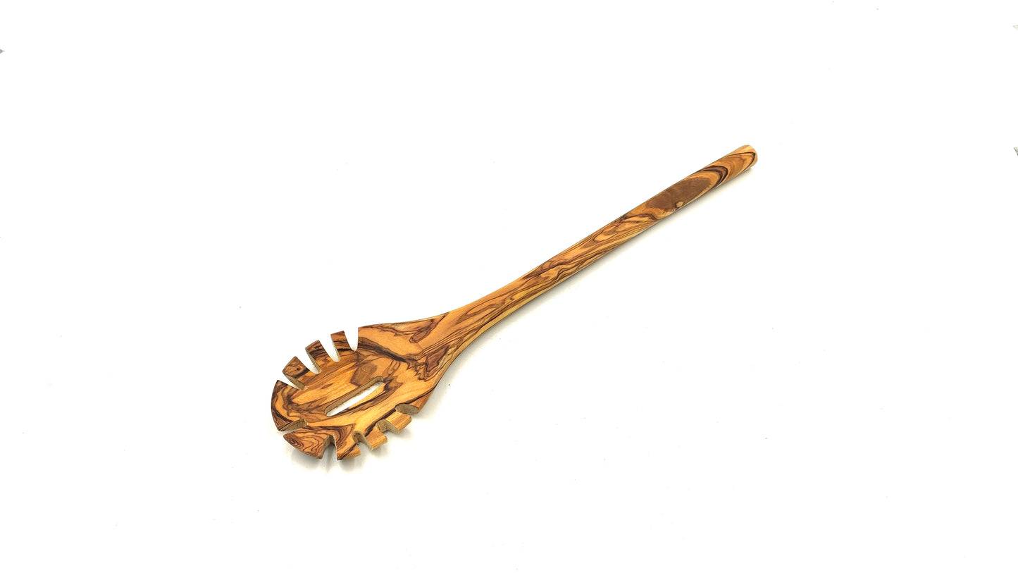 Olive wood pasta and noodle scoop, round handle, hook spaghetti spoon, pasta twirling fork