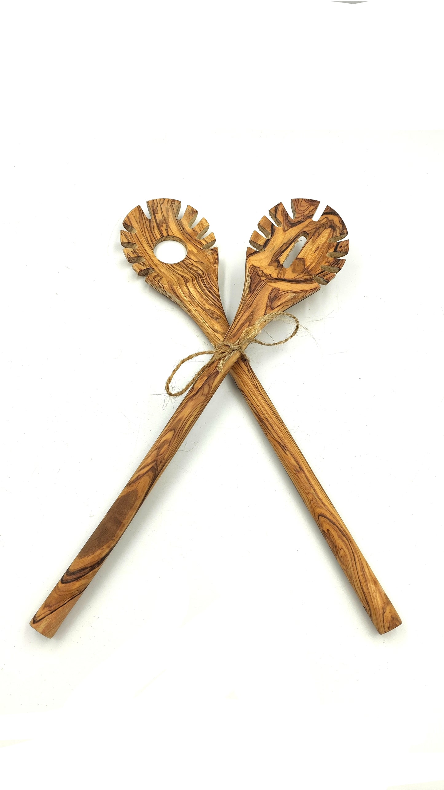 Olive wood pasta and noodle scoop, round handle, hook spaghetti spoon, pasta twirling fork