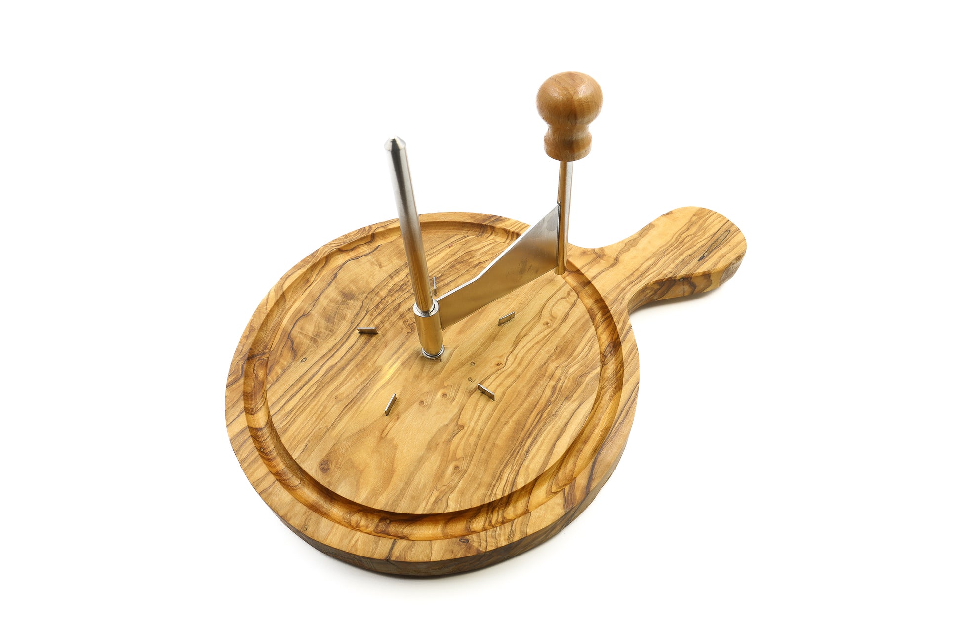 Handcrafted olive wood cheese board featuring a stainless steel platter and cheese shaver