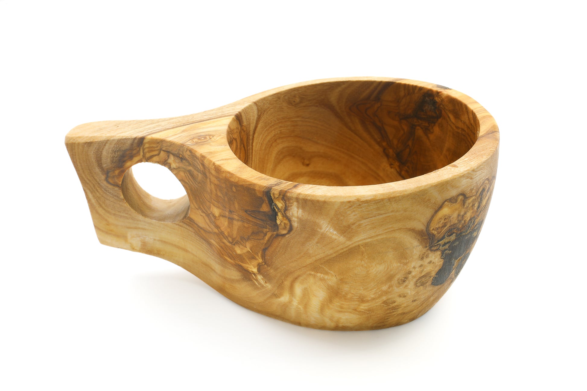 Handcrafted olive wood kuksa, a Nordic-style mug