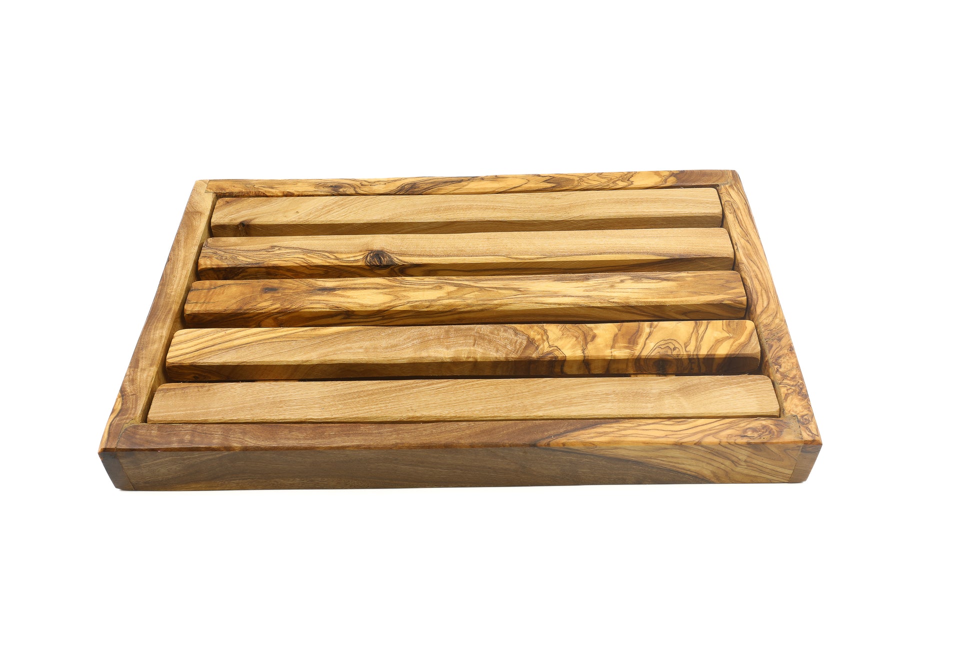 Olive wood rectangular bread cutting board designed to keep crumbs at bay