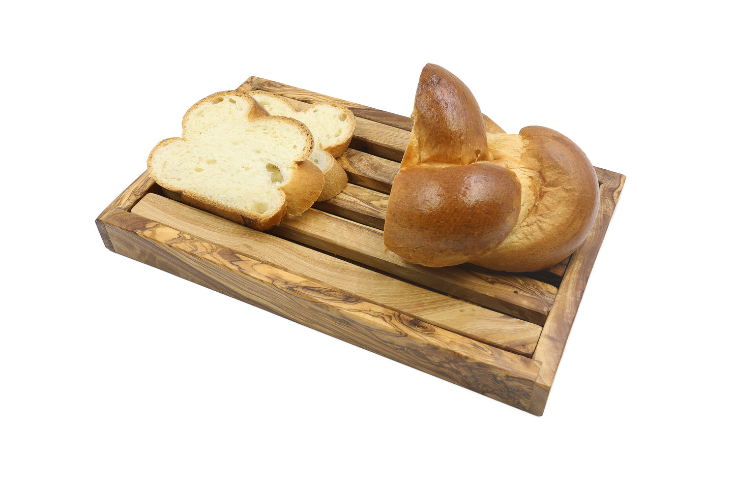 Unique olive wood kitchen accessory for slicing bread with a handy crumb catcher