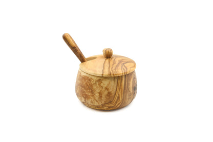 Olive wood sugar bowl with lid and small scoop, included in the coffee break gift set