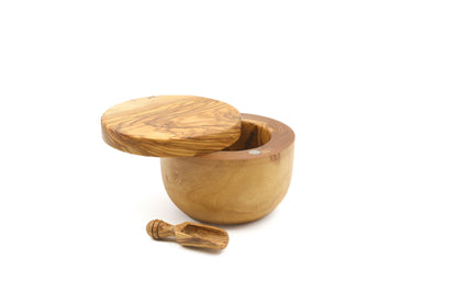 Artisan-made salt and pepper holder in beautiful olive wood