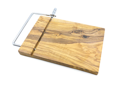 High-quality olive wood cheese slicer with an elegant board and girolle swiss