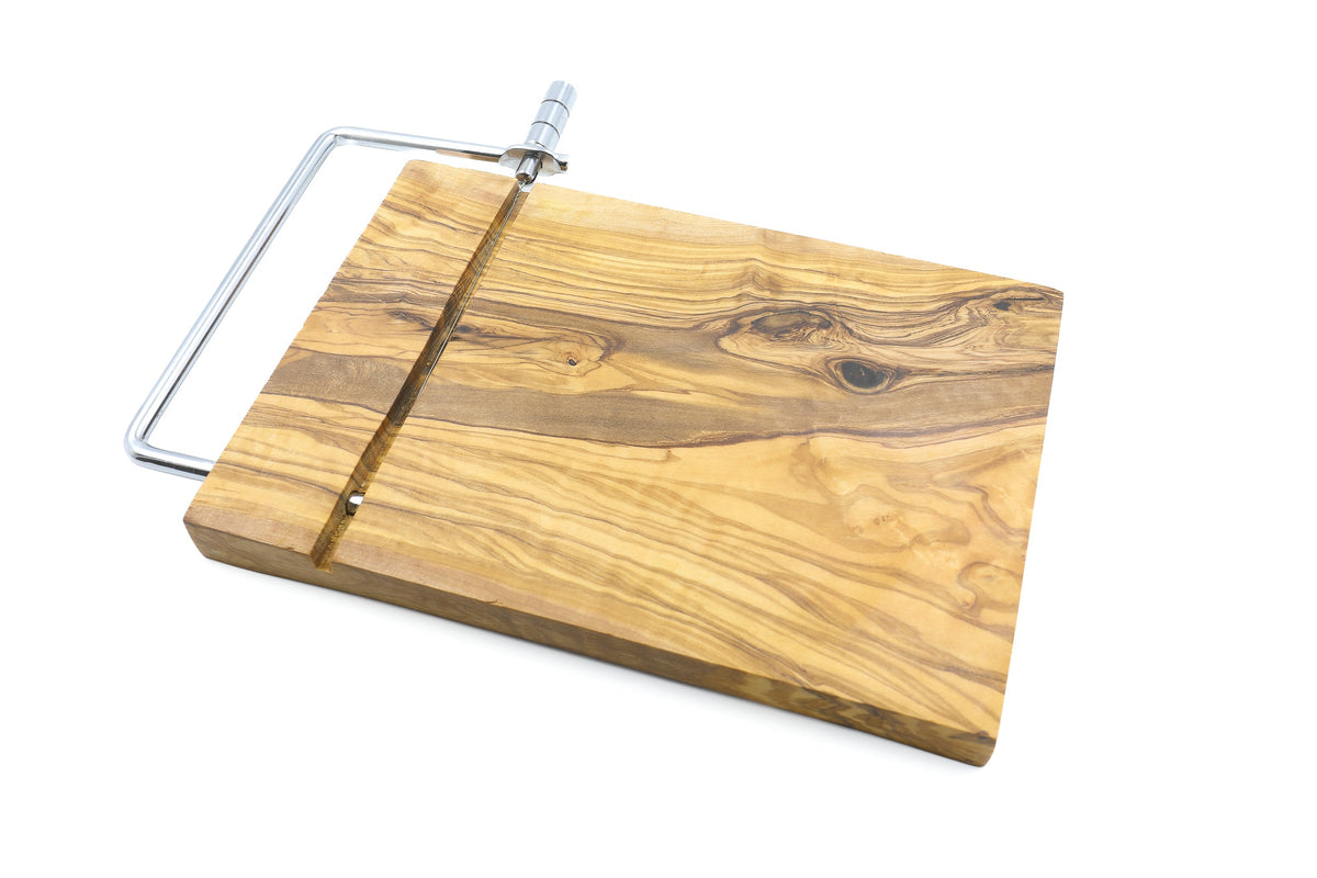 Premium olive wood cheese slicer with board, included in the cheese platter gift set