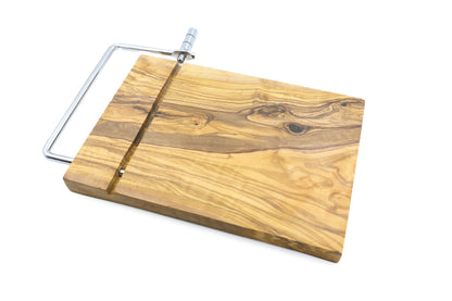 Premium olive wood cheese slicer with board, included in the cheese platter gift set