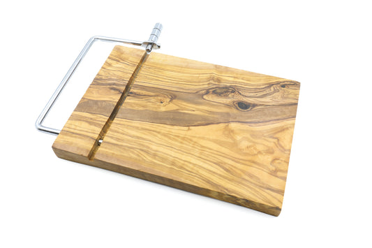Premium olive wood cheese slicer with board, included in the cheese platter gift set
