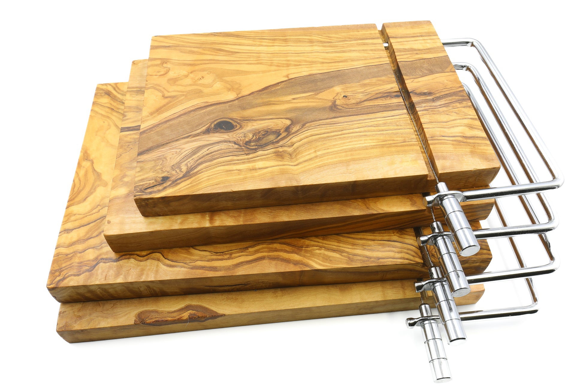 Handmade olive wood cheese slicer and girolle swiss on a stylish board
