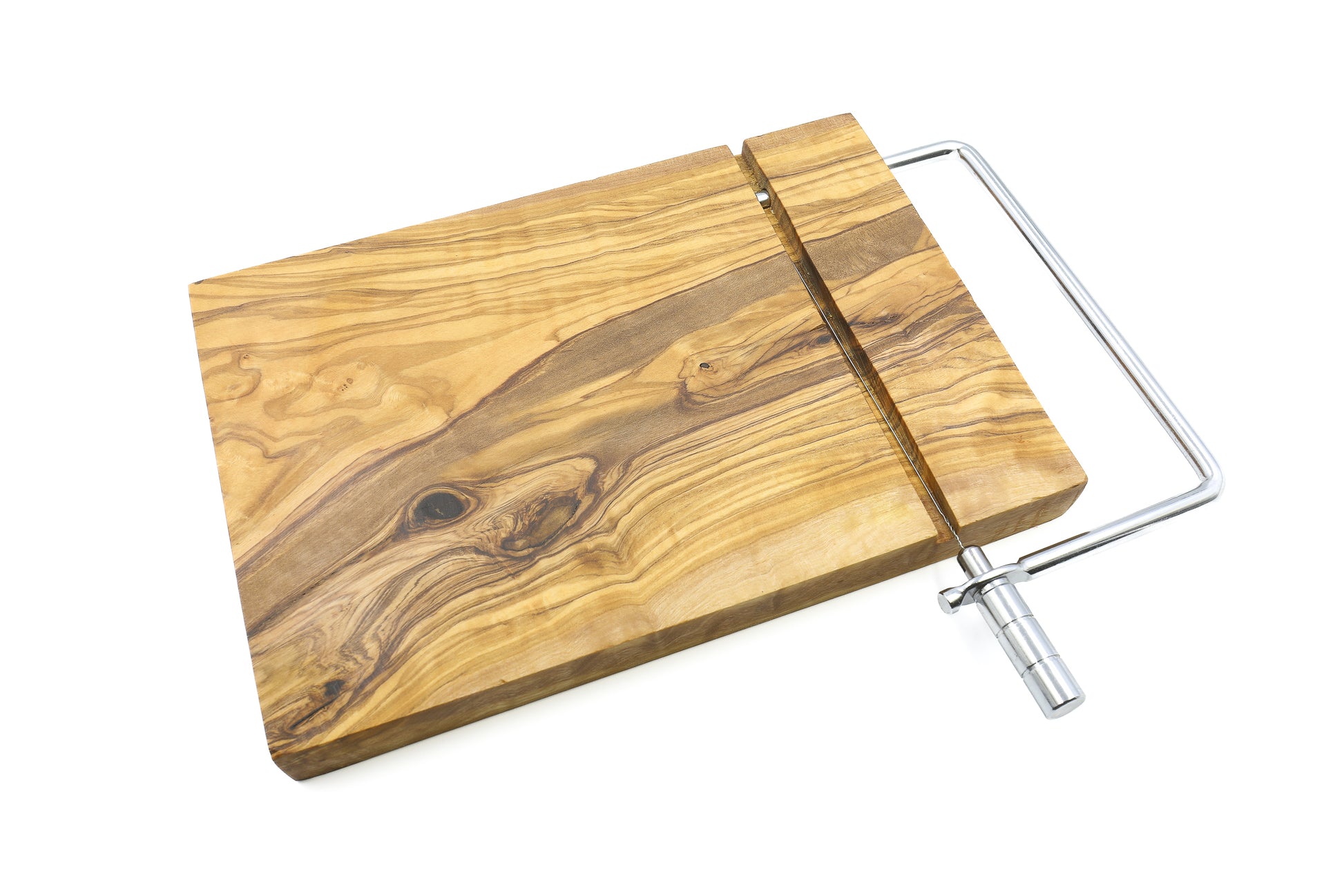Gourmet cheese slicing ensemble with an exquisite olive wood board