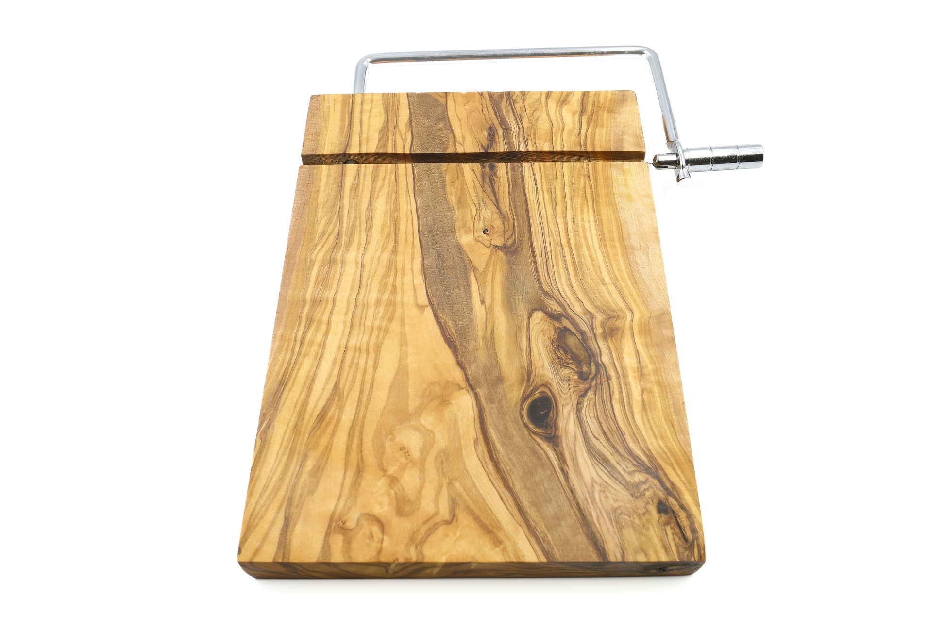 Olive wood cheese slicer accompanied by a girolle swiss and serving board