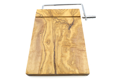 Olive wood board paired with a top-quality cheese slicer and girolle swiss