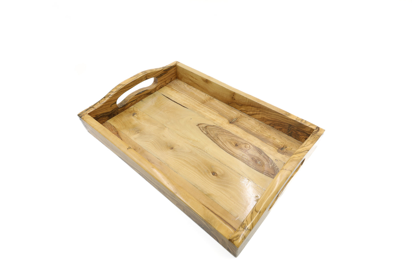 Stylish rectangular serving tray crafted from olive wood with handles