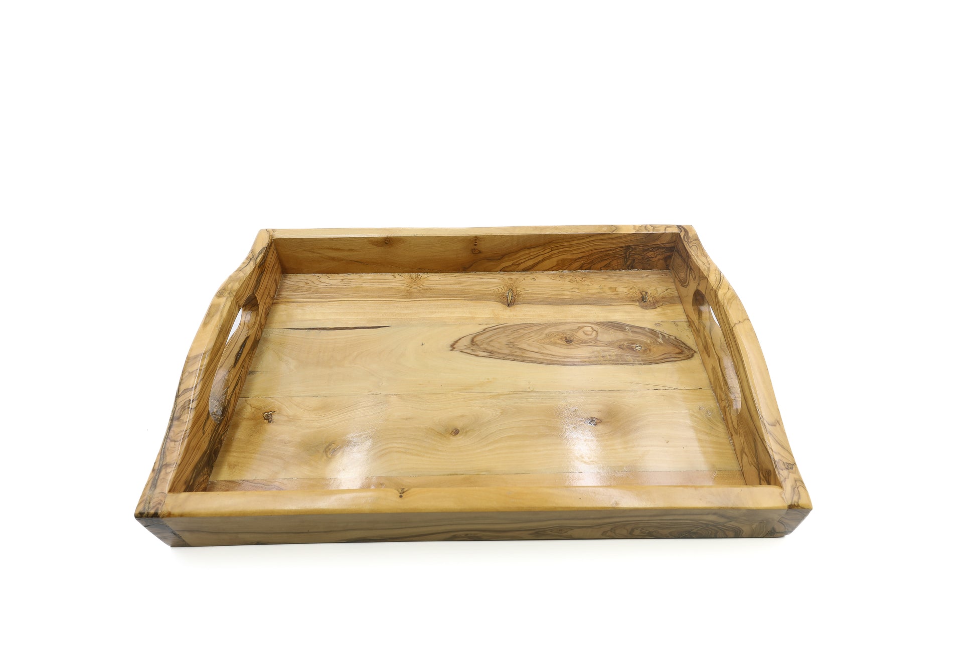Olive wood serving tray with ergonomic handles for easy carrying